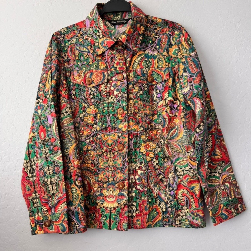 New Identity Large Jacket Multicolor Long Sleeve Paisley Sequin Cotton Button Up